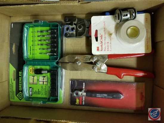 Flat containing Greenlee combination drill/tap bit set NIB, side terminal battery wrench, duct