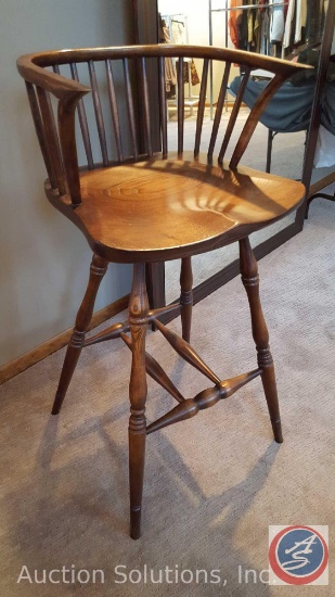 Spindle-Back British Pub Stool w/ Wide Swivel-Seat and Foot Rest