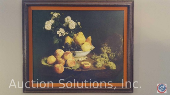 1865 Still Life Flowers and Fruit on Table Framed Print 34 x 29 in.