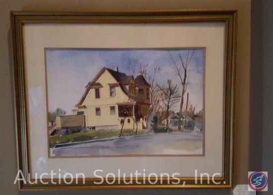 Original Watercolor of a Yellow Victorian House in Elkhorn, NE by Stark (?) 30.5 x 25 in.