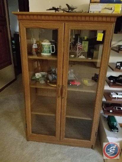 4 tier wood with glass doors display case (has push button lighting) measuring 30X16X48