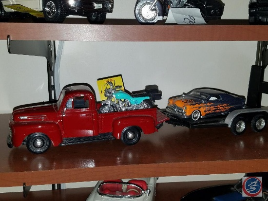 Vintage model pickup with motorcyle in bed and trailer with hot rod