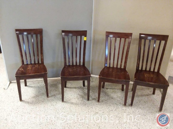 (4) dark wood slat back chairs (some scratches)