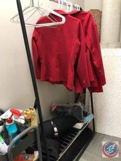 (3) red jackets. clothing rack