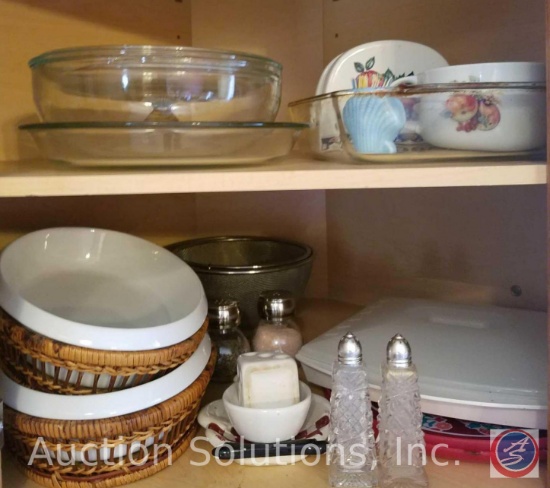 Glass Baking Dishes; S+P; Strainer; and Assorted Kitchen Items