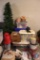Large Lot of Christmas Decor Including Snowman Glass Top Side Table, Wrapping Paper, Lights,