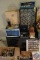 Small Black Wood w/ Glass Doors TV Stand, Wine Rack. Emerson Wine Chiller, Assorted Shot Glasses,