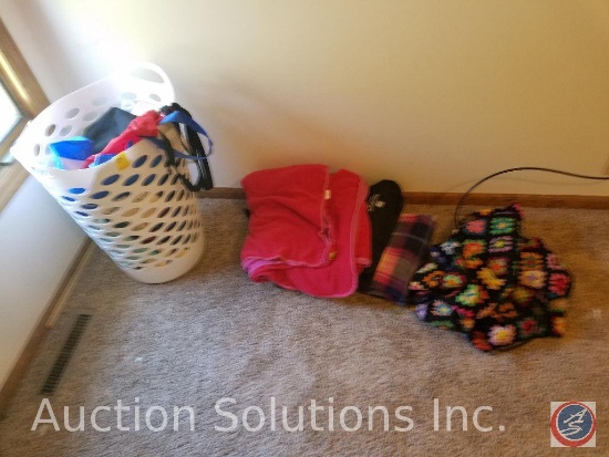 Afghan, [2] Fleece Blankets, and Roll Up Portable Blanket, Laundry Hamper Full of Assorted Blankets