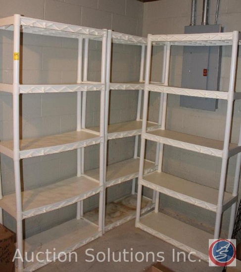 (3) 4-Tier Plastic Shelving Units (72"Tall X 14"Wide) {{CONTENTS SOLD SEPARATELY}