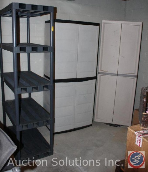 5-Tier Plastic Storage Shelving Unit, (2) 2-door plastic storage shelving units {{CONTENTS SOLD