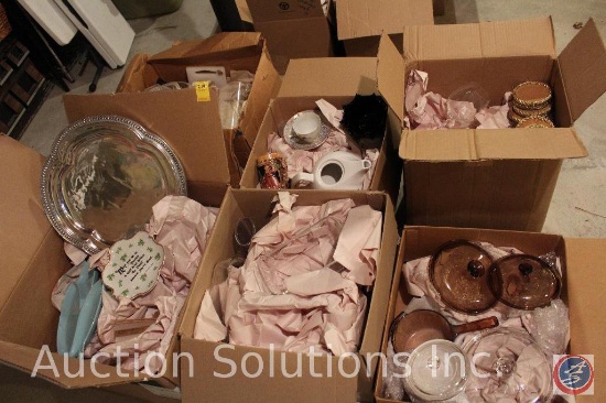 (6) Boxes Containing Corning ware, Coffee Pot, Juicer, Food Processor, Trays, Platters and More