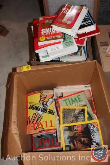 (2) Boxes Containing Stamp Collector Items, Numismatist (Coin Collector) Books, Vintage Time