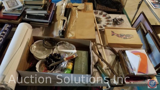 Vintage Folding Table w/ Contents Including; Pharmaceutical Prints, Video Board Decoration, Assorted