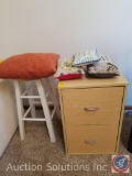 2-Drawer Wood Filing Cabinet, Throw Pillows, and Wood Stool