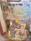 Contents of Lower 2 Shelves of Display Cabinet to Include Assorted Depression Glass, Ice Bucket,