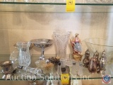 Middle Shelf of Hutch Containing Assorted Glass, Silver Plated Dishes, Salt and Pepper Shakers,
