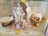 Third Shelf of Hutch Containing Norman Rockwell Fine China Bowl, Ceramic Figurines, Serving Platter,