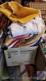 Box Containing Hot Pads, Table Clothes [Plastic and Cloth], Dish Towels and Aprons