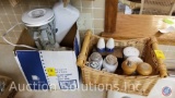 Basket of Assorted Salt and Pepper Shakers, Oster Electric Bread Knife, GE Hand Held Electric Mixer,