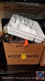 Box Containing Assorted Kitchen Utensils, BBQ Tools, Plastic Utensil Sorting Trays and More