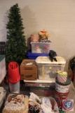 Large Lot of Christmas Decor Including Snowman Glass Top Side Table, Wrapping Paper, Lights,