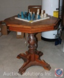 Octagon Pedestal Wood Side Table w/ Blue and White Marble Chess Set