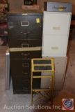 (5) Assorted Size Metal Filing Cabinets; Economic, Steelcase, etc., Metal Folding Stool, Rolling