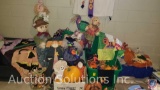 Assorted Halloween Decorations to Include; Battery Operated Light Up Decor, Linens, Flag, Wreath and