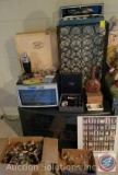 Small Black Wood w/ Glass Doors TV Stand, Wine Rack. Emerson Wine Chiller, Assorted Shot Glasses,