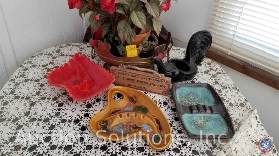 Brass Planter, Black Rooster Planter, (2) Ashtrays, and More