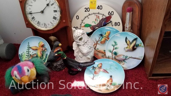 (4) 3-D Duck and Pheasant Decorative Plates, Duck Thermometer, Assorted Bird Figurines, and Wall