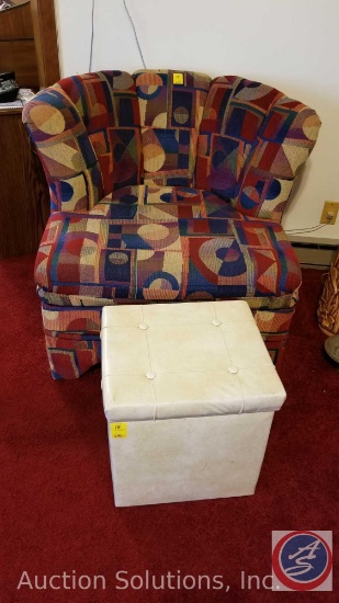 Retro Graphic Design Upholstered Sitting Chair w/ Square White Vinyl Storage Ottoman