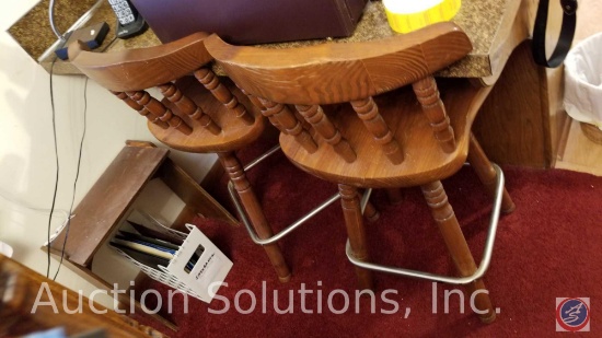 [3] Matching Swiveling Wooden Barstools w/ Footrest; measuring 24 inches high at seat, back = 35