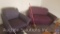 Maroon love seat and a purple and black striped chair