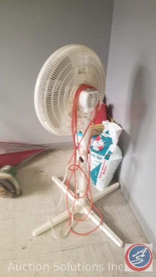 Floor fan, Weedeater edger, US Map, Time clock, bag of ice melt.