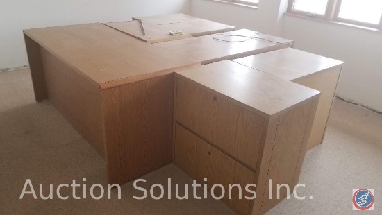 6 foot and 4 foot oak L-shaped desks, 3 foot 2 drawer lateral file cabinet and one gray executive