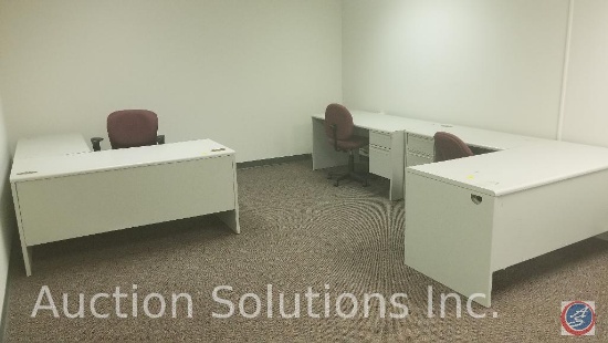 Three 5 ft.L shaped desks with 4 foot returns, storage drawers and 3 executive chairs