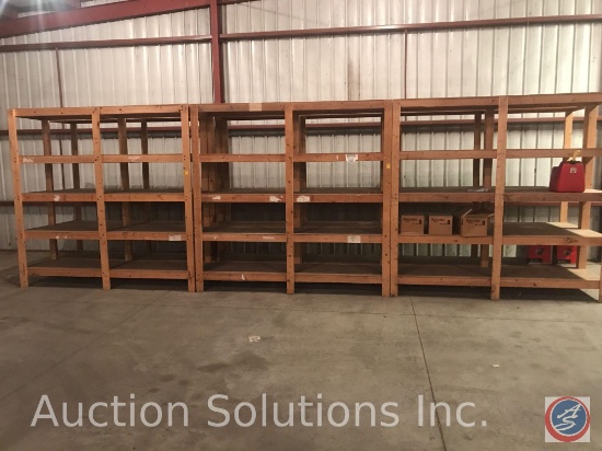 Six sets of wooden warehouse shelving