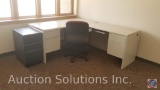 5 foot L-shaped desk with 4 foot return, three drawer rolling file cabinet and executive chair