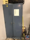 Steel storage cabinet (missing handle) and contents