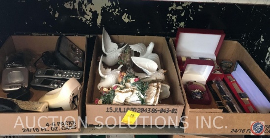 Contents of shelf to include; (3) cordless phones, magnifying glass, White Dove by Kiyota figurines,