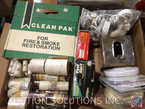 (3) Boxes containing assorted wall borders, Clean Pak for fire and smoke restoration, string of LED