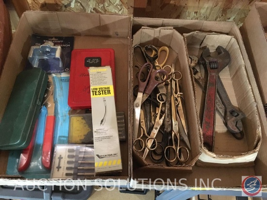 (2) flats containing; assorted scissors, (3) crescent wrenches, Calterm low voltage tester, Shop