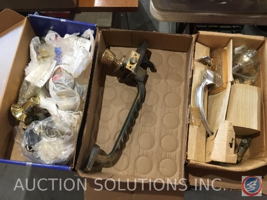 Western Co. entrance handle lock (cat. #A630), box of used door handles and parts, large door handle