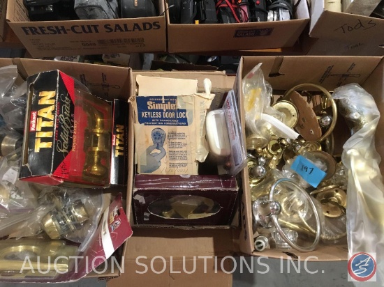 (3) Boxes containing assorted used bathroom fixtures, solid brass door knocker, wireless door chime