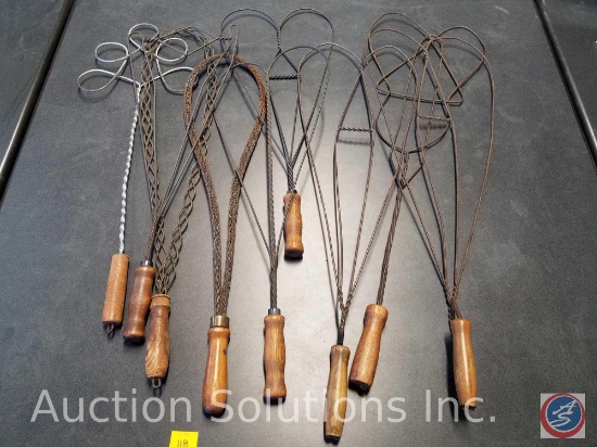 Antique rug beaters- some heavy wire and several unique heart shaped beaters, all with original wood
