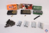 Partial box of 45cal. rubber bullets, 9mm spent brass, box of 308 and (4) bags of stripper clips