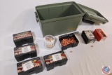 Large plastic ammo can containing; (5) boxes of Berrys 9mm 124 grain hollow point bullets, (1) box