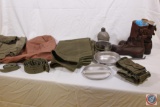 Post WWII era combat boots, web belt canteen mess kit ammo belt duffel bags and Peacoat marked Parks