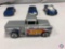 (5)Die cast cars: HOT WHEELS ks logo and race decals on sides, HOT WHEELS grey 56 flashsider truck,